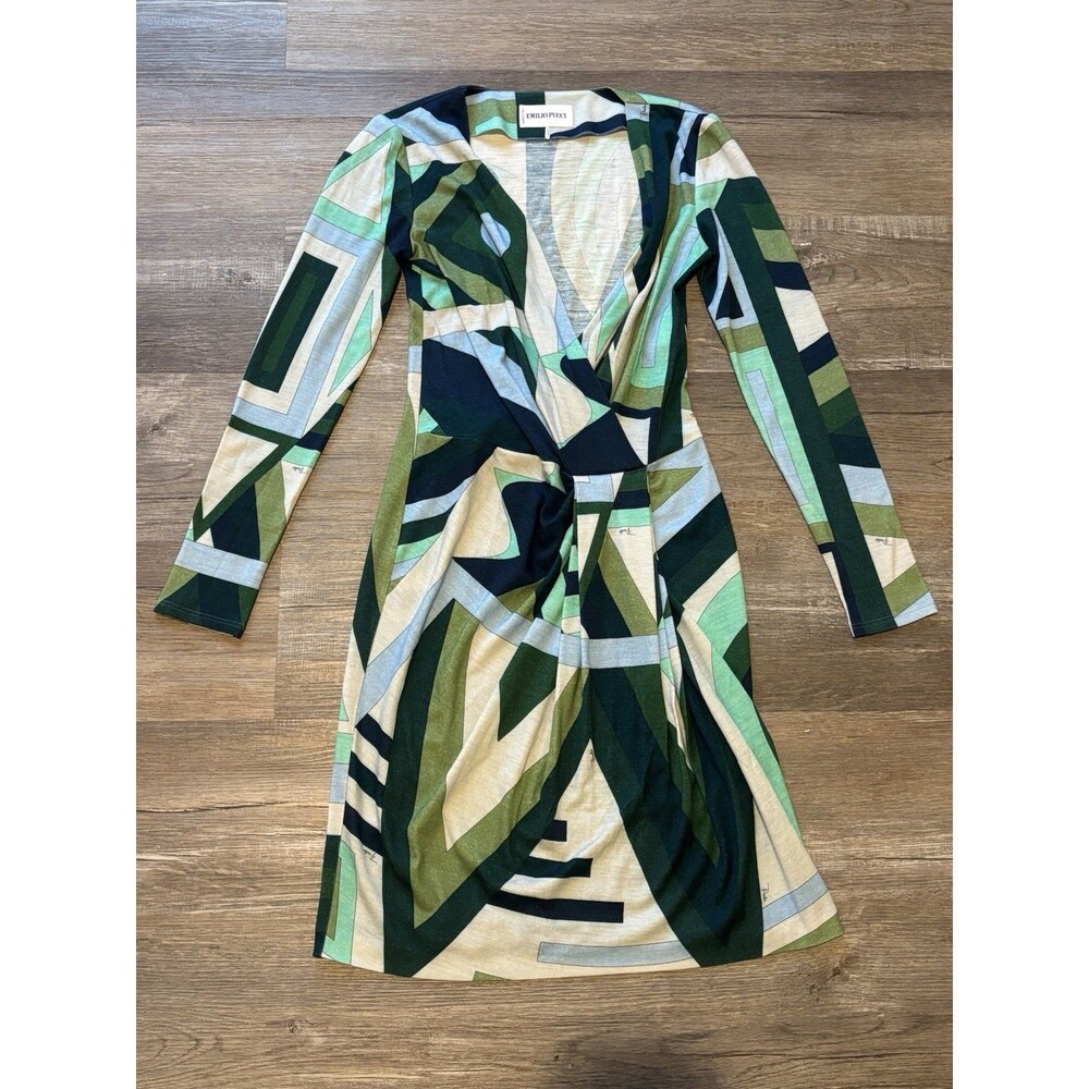 Emilio Pucci Long Sleeve Dress Geometric Green Blue 100% Wool Faux Wrap Size 6